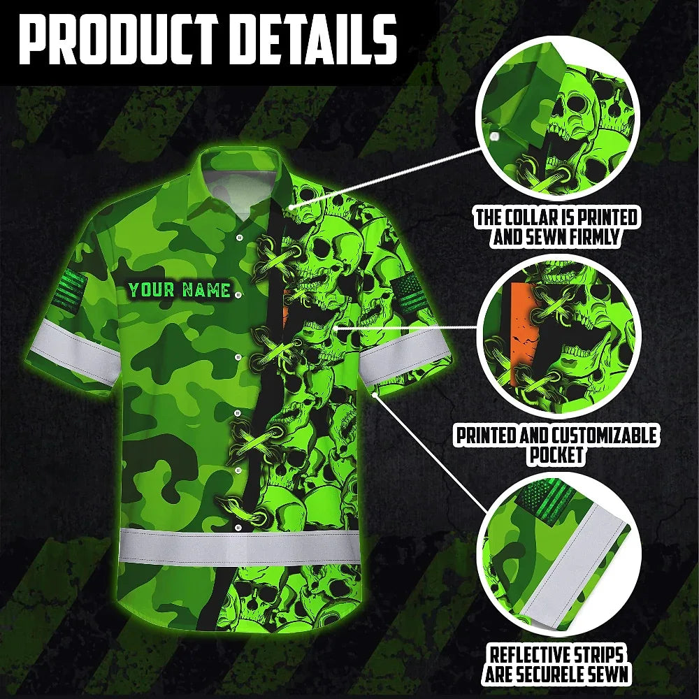 Hi Vis Hawaiian Shirt Custom Name, Pattern Skull Camo Reflective Safety Workwear For Workers, Runners, Truckers, Skull Lovers