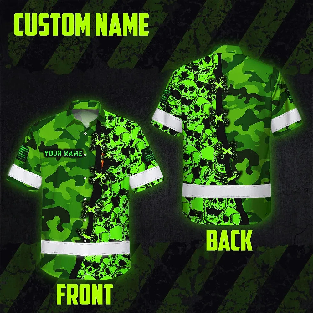 Hi Vis Hawaiian Shirt Custom Name, Pattern Skull Camo Reflective Safety Workwear For Workers, Runners, Truckers, Skull Lovers