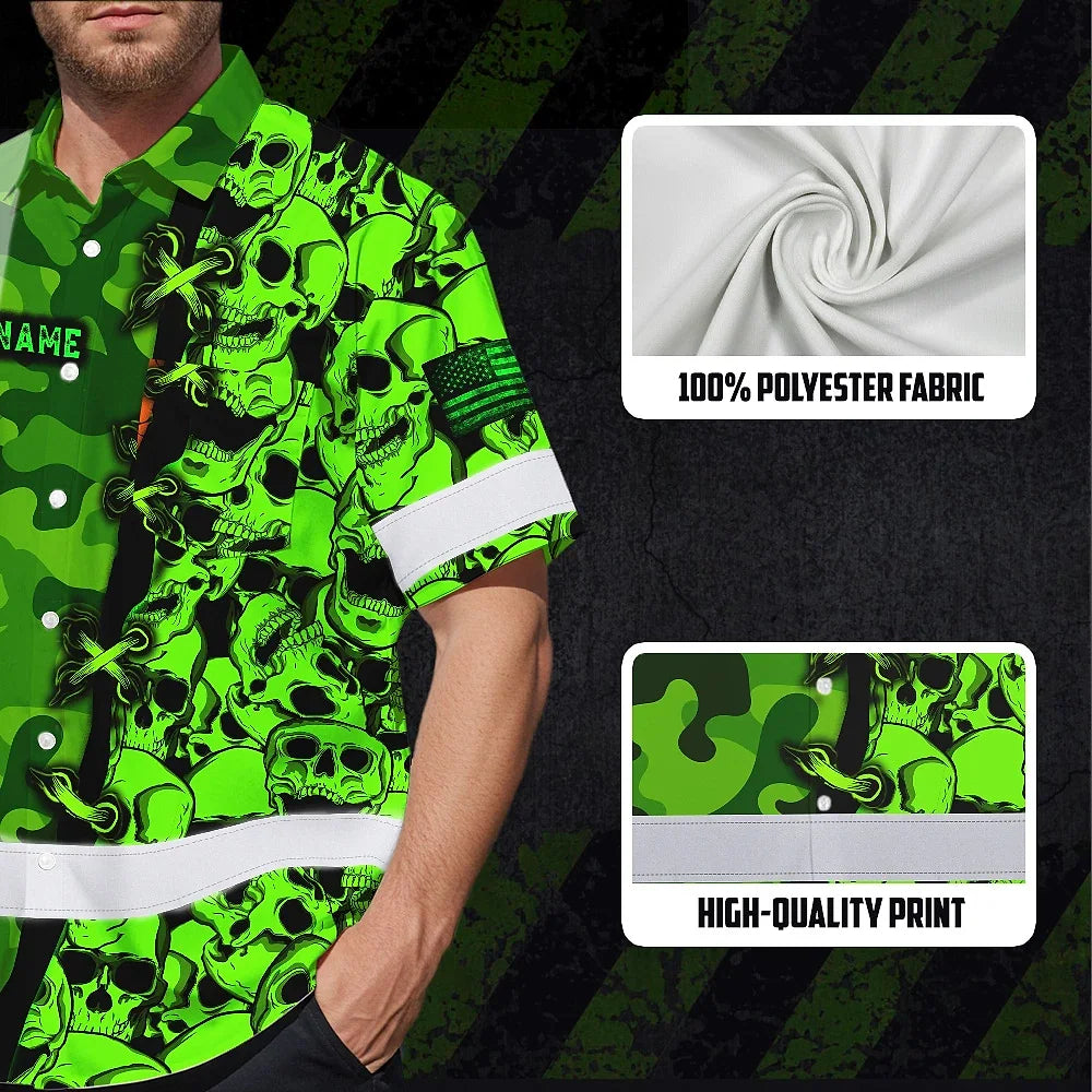 Hi Vis Hawaiian Shirt Custom Name, Pattern Skull Camo Reflective Safety Workwear For Workers, Runners, Truckers, Skull Lovers