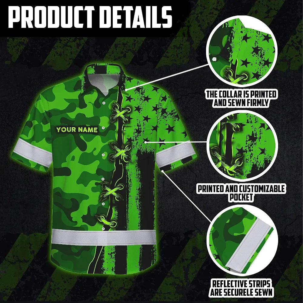 Hi Vis Hawaiian Shirt Custom Name, Pattern Skull Camo Reflective Safety Workwear For Workers, Runners, Truckers, Skull Lovers