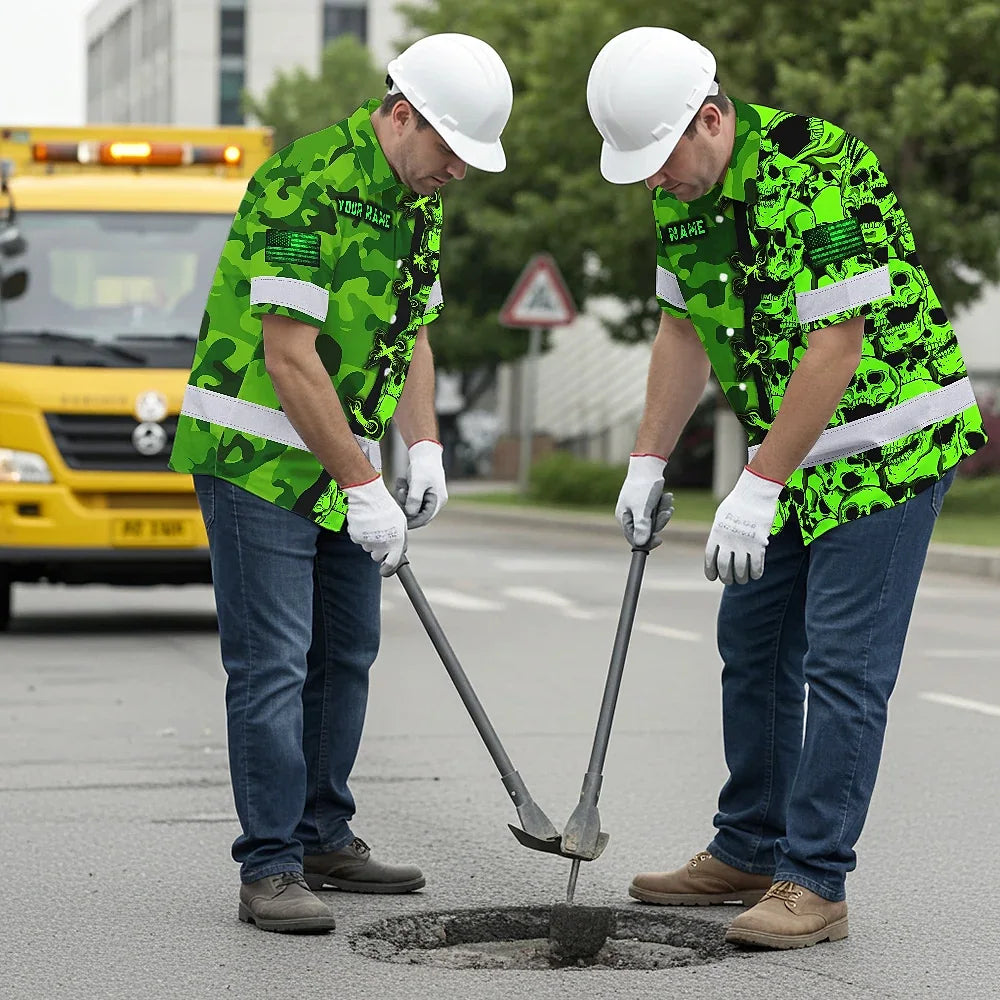 Hi Vis Hawaiian Shirt Custom Name, Pattern Skull Camo Reflective Safety Workwear For Workers, Runners, Truckers, Skull Lovers