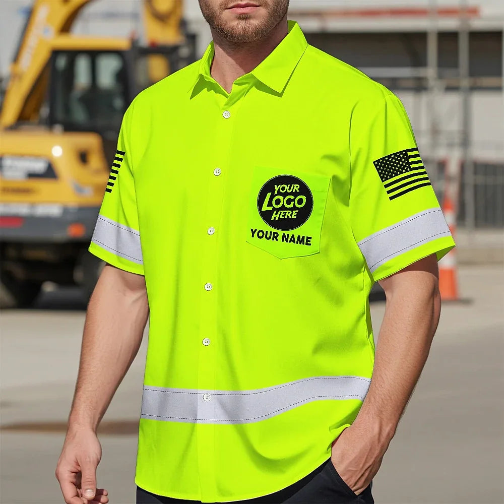 Hi Vis Hawaiian Shirt Electrician Definition Yellow Custom Name and Logo Company Name Safety Workwear