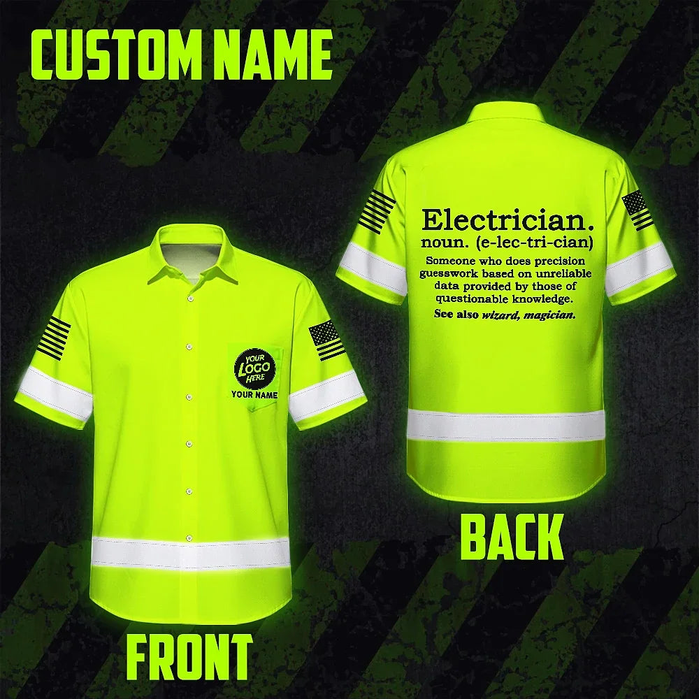 Hi Vis Hawaiian Shirt Electrician Definition Yellow Custom Name and Logo Company Name Safety Workwear