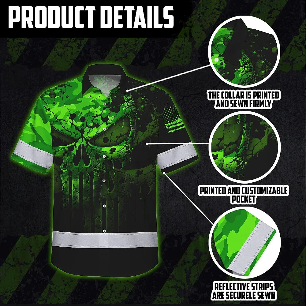 Hi Vis Hawaiian Shirt For Safety Workwear With Bold Skull Camo In Neon Green And Name Customization