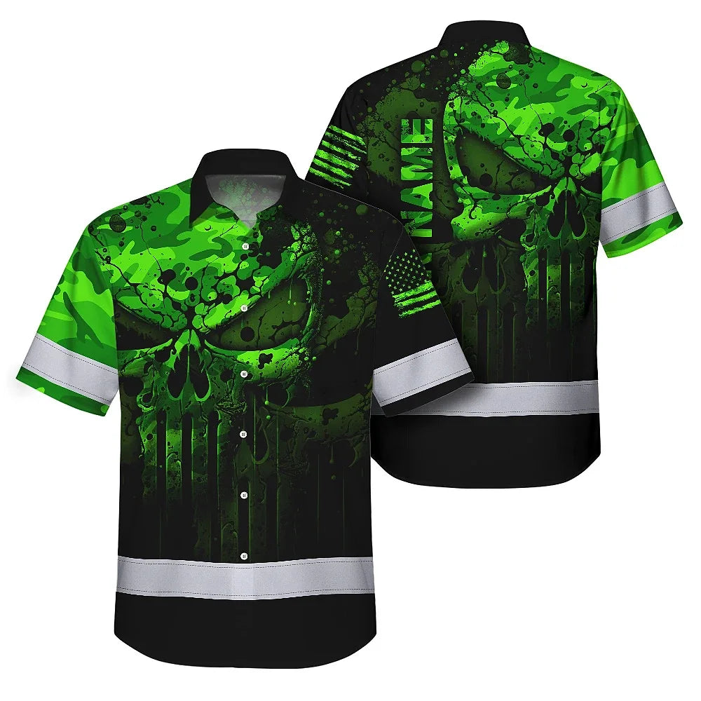 Hi Vis Hawaiian Shirt For Safety Workwear With Bold Skull Camo In Neon Green And Name Customization