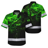Hi Vis Hawaiian Shirt For Safety Workwear With Bold Skull Camo In Neon Green And Name Customization