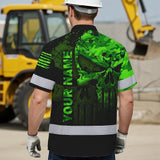 Hi Vis Hawaiian Shirt For Safety Workwear With Bold Skull Camo In Neon Green And Name Customization
