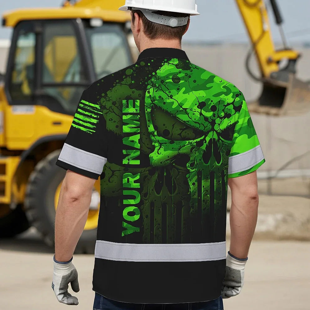 Hi Vis Hawaiian Shirt For Safety Workwear With Bold Skull Camo In Neon Green And Name Customization