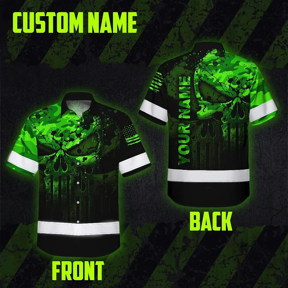 Hi Vis Hawaiian Shirt For Safety Workwear With Bold Skull Camo In Neon Green And Name Customization