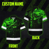 Hi Vis Hawaiian Shirt For Safety Workwear With Bold Skull Camo In Neon Green And Name Customization