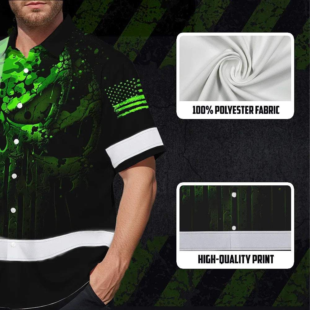 Hi Vis Hawaiian Shirt For Safety Workwear With Bold Skull Camo In Neon Green And Name Customization