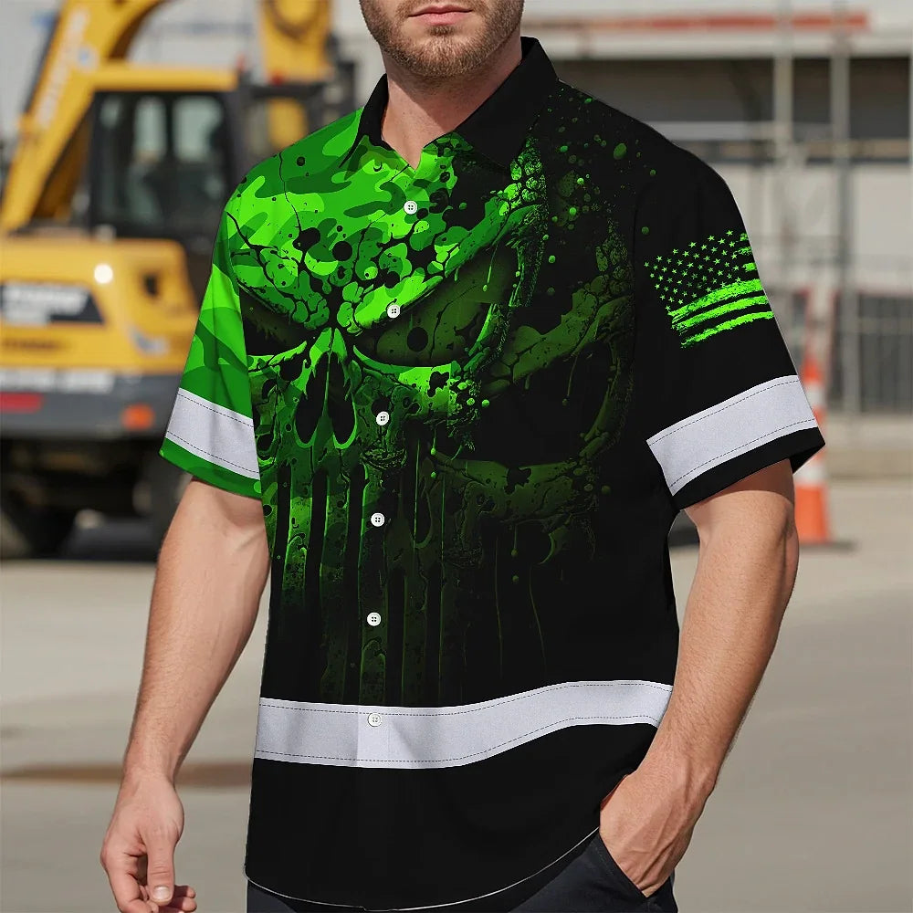 Hi Vis Hawaiian Shirt For Safety Workwear With Bold Skull Camo In Neon Green And Name Customization
