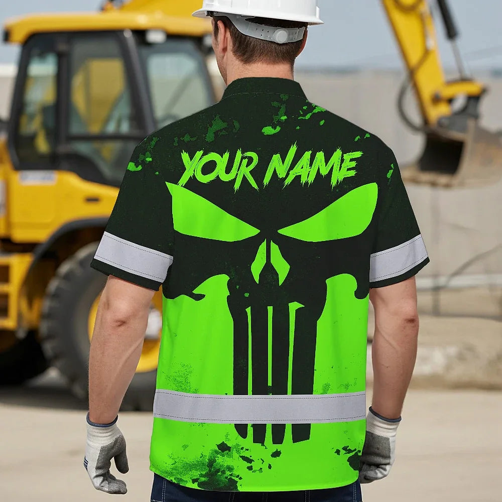 Hi Vis Hawaiian Shirt Green Neon  - Personalized Safety Workwear For Skull Lover, Cyclists, Runners