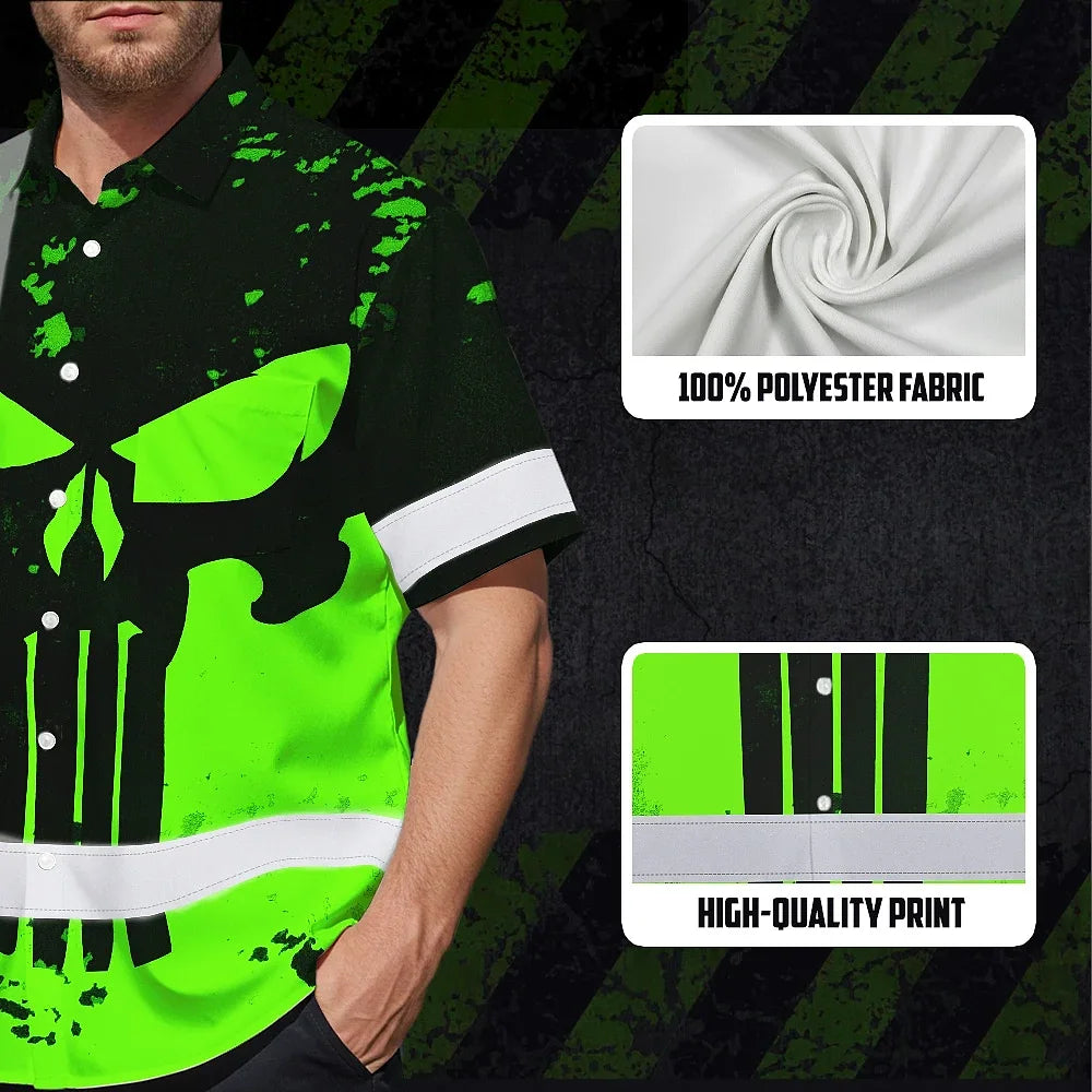 Hi Vis Hawaiian Shirt Green Neon  - Personalized Safety Workwear For Skull Lover, Cyclists, Runners