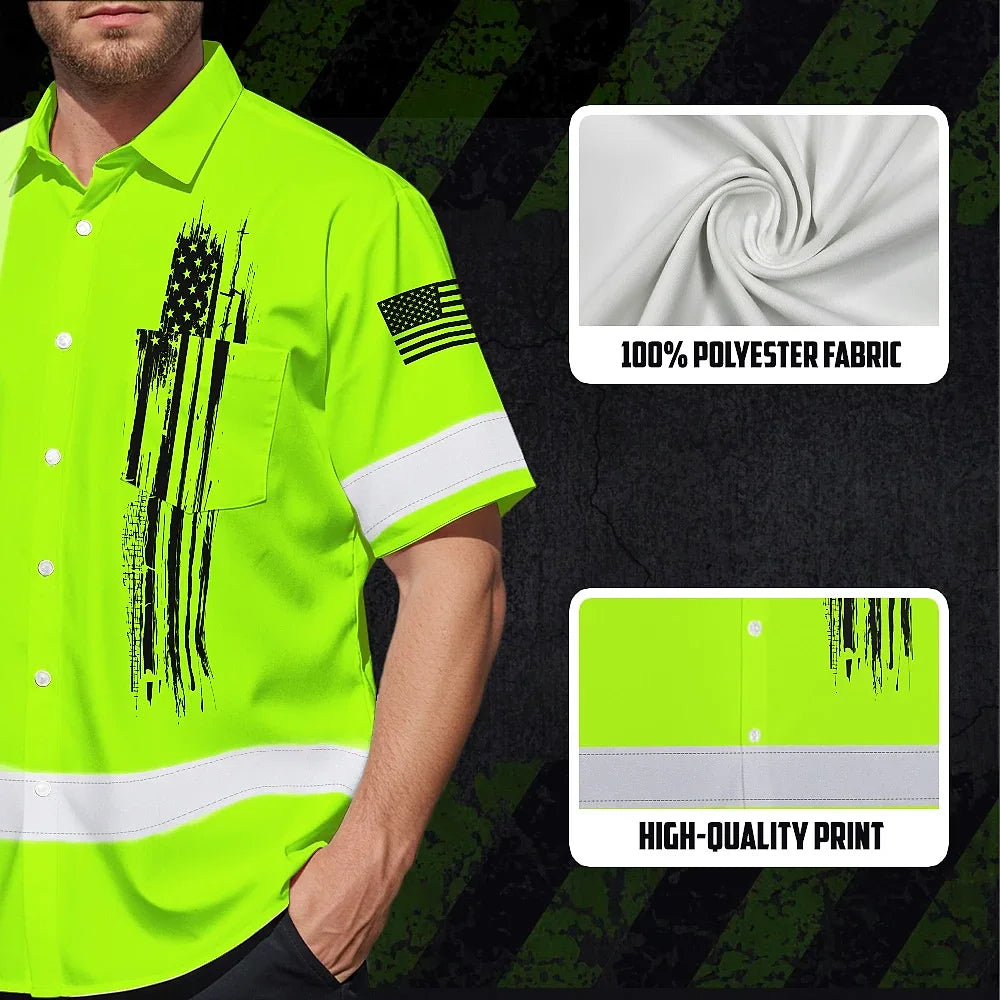 Hi Vis Hawaiian Shirt Green Neon Us Flag For Runners, Worker, Patriotic