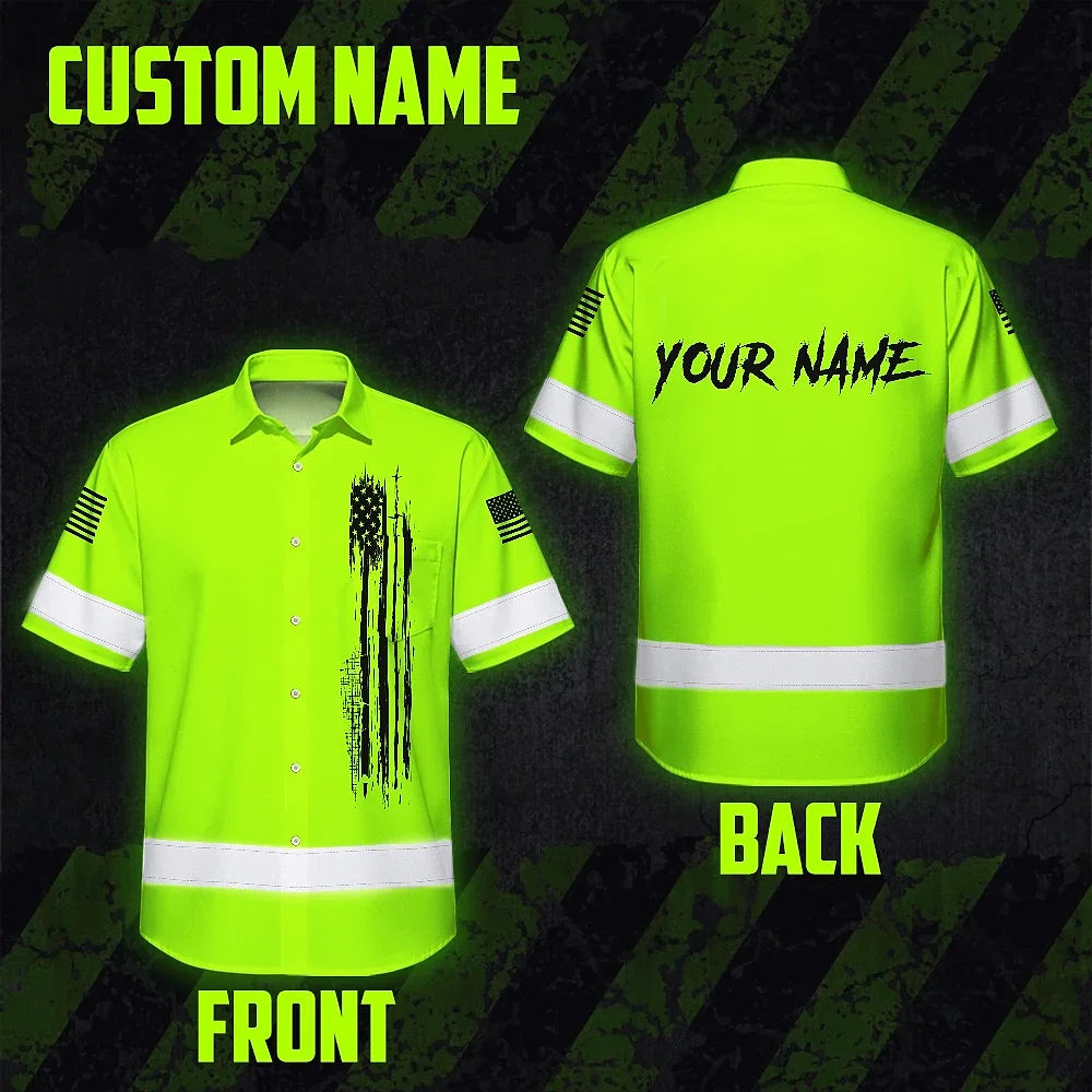 Hi Vis Hawaiian Shirt Green Neon Us Flag For Runners, Worker, Patriotic