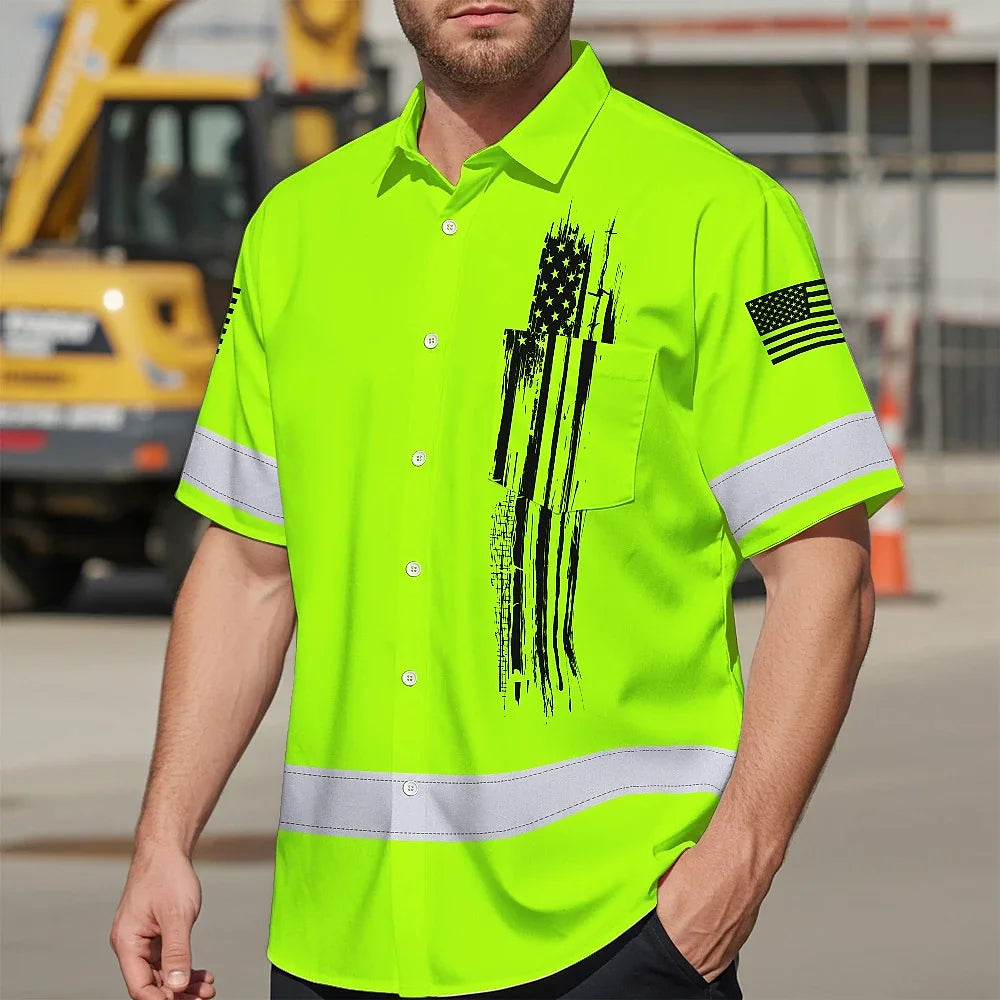 Hi Vis Hawaiian Shirt Green Neon Us Flag For Runners, Worker, Patriotic