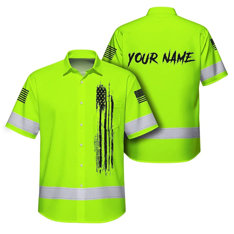 Green Neon Us Flag Hi-Vis Hawaiian Shirt