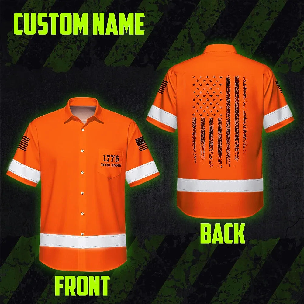 Hi Vis Hawaiian Shirt Green Reflective Us Flag For Men, Women, Outdoor Worker, Trucker, Patriotic