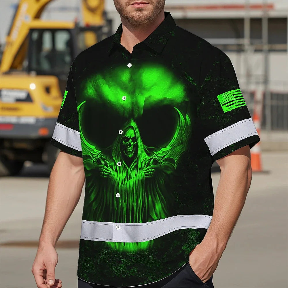 Hi Vis Hawaiian Shirt  Pattern Skull Reflective Safety Workwear For Workers, Runners, Truckers, Skull Lovers