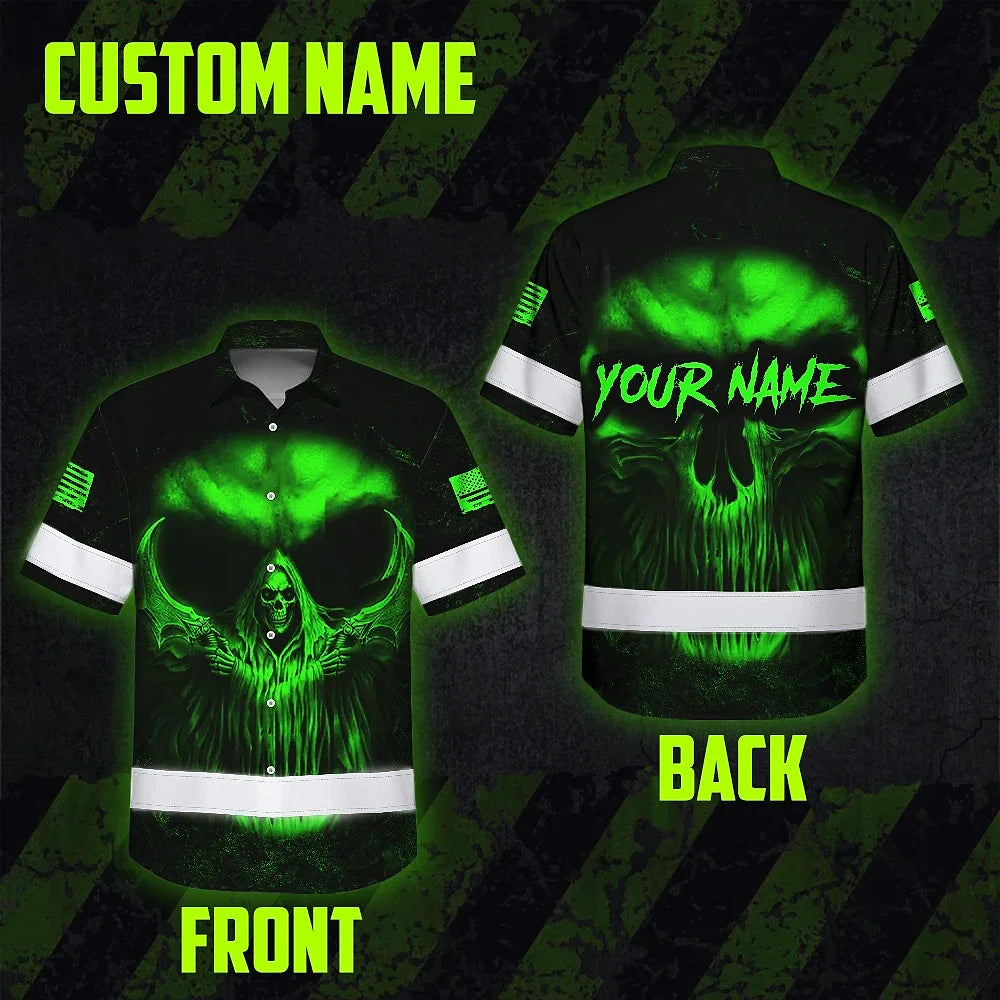 Hi Vis Hawaiian Shirt  Pattern Skull Reflective Safety Workwear For Workers, Runners, Truckers, Skull Lovers
