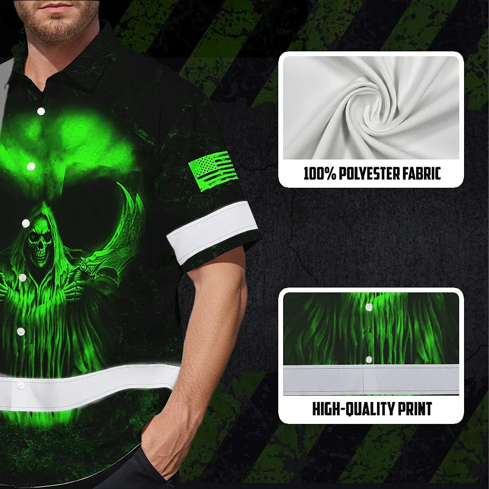 Hi Vis Hawaiian Shirt  Pattern Skull Reflective Safety Workwear For Workers, Runners, Truckers, Skull Lovers