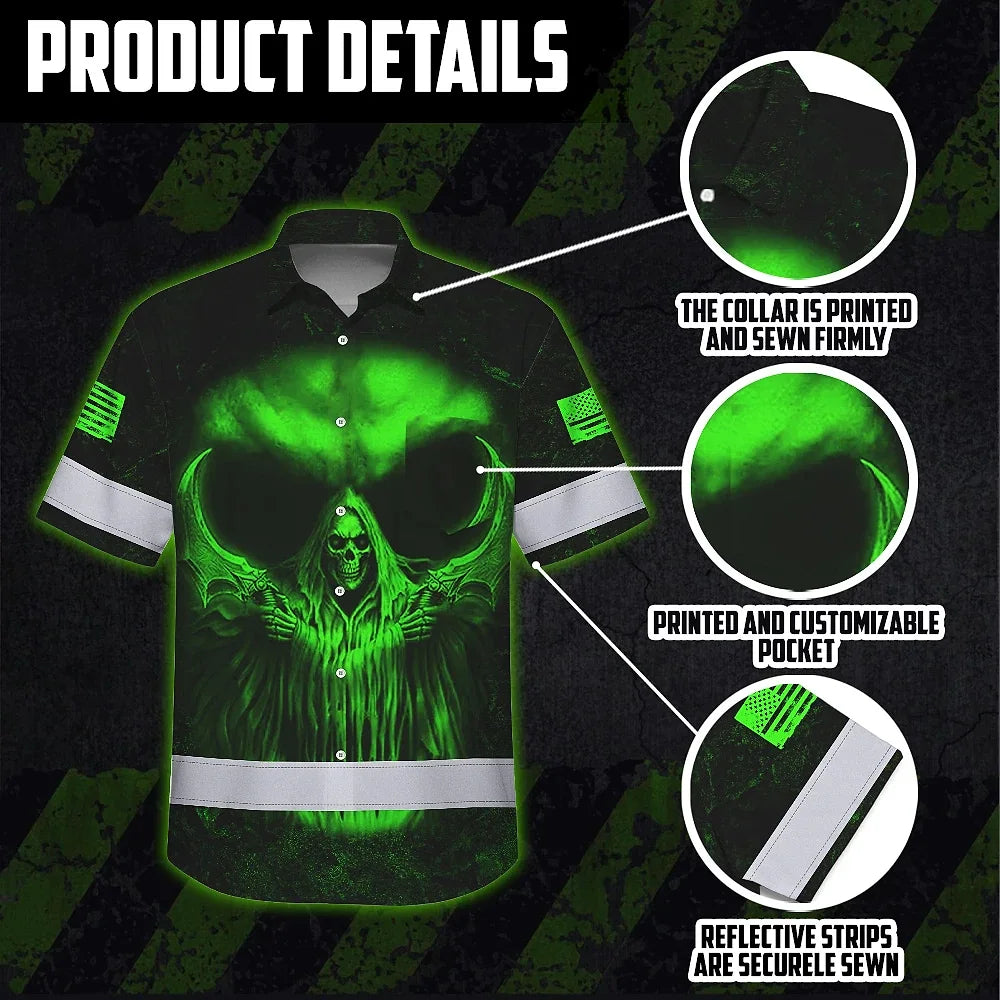 Hi Vis Hawaiian Shirt  Pattern Skull Reflective Safety Workwear For Workers, Runners, Truckers, Skull Lovers