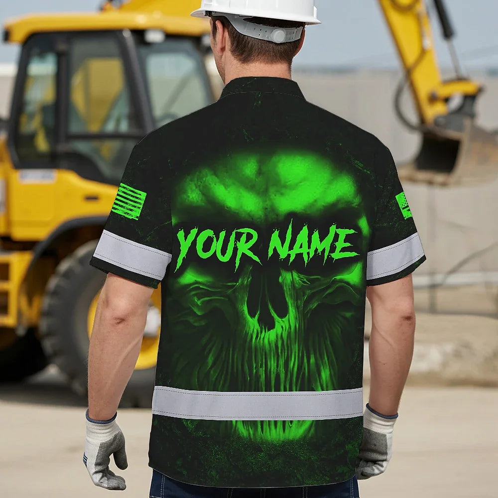 Hi Vis Hawaiian Shirt  Pattern Skull Reflective Safety Workwear For Workers, Runners, Truckers, Skull Lovers