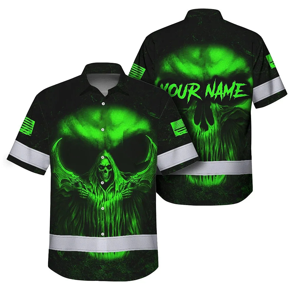 Hi Vis Hawaiian Shirt  Pattern Skull Reflective Safety Workwear For Workers, Runners, Truckers, Skull Lovers
