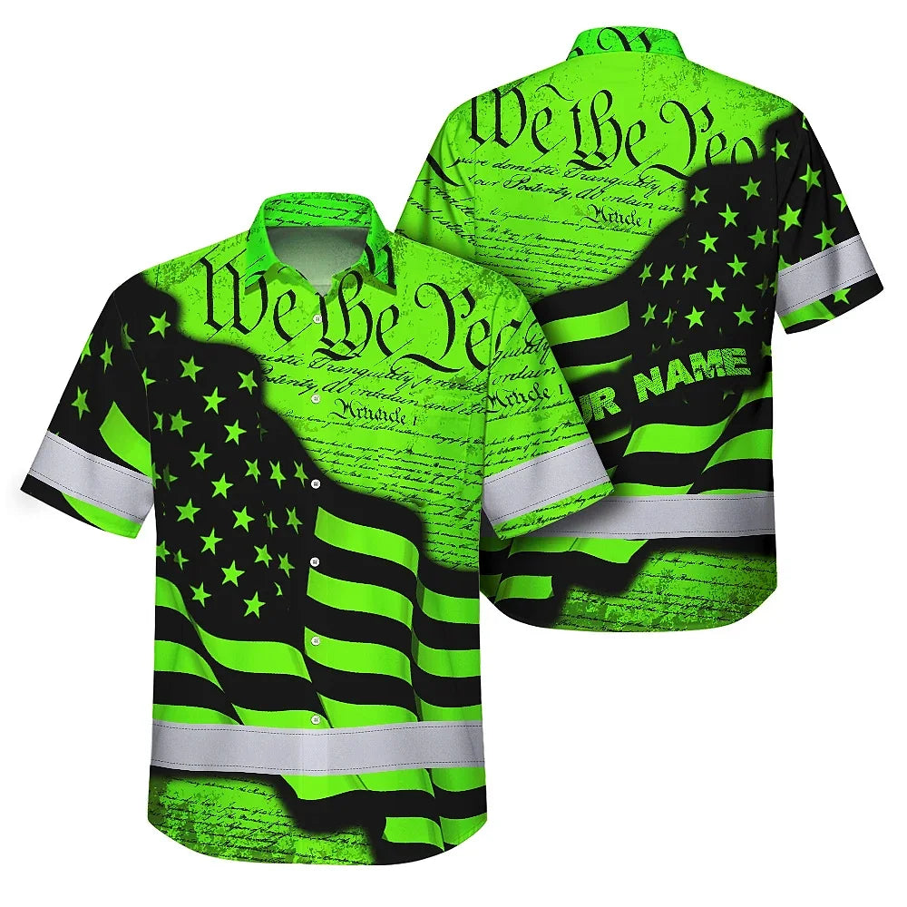 Hi Vis Hawaiian Shirt Reflective America Flag Orange Neon Patriotic Custom Name