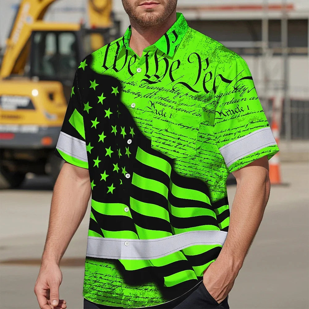 Hi Vis Hawaiian Shirt Reflective America Flag Orange Neon Patriotic Custom Name