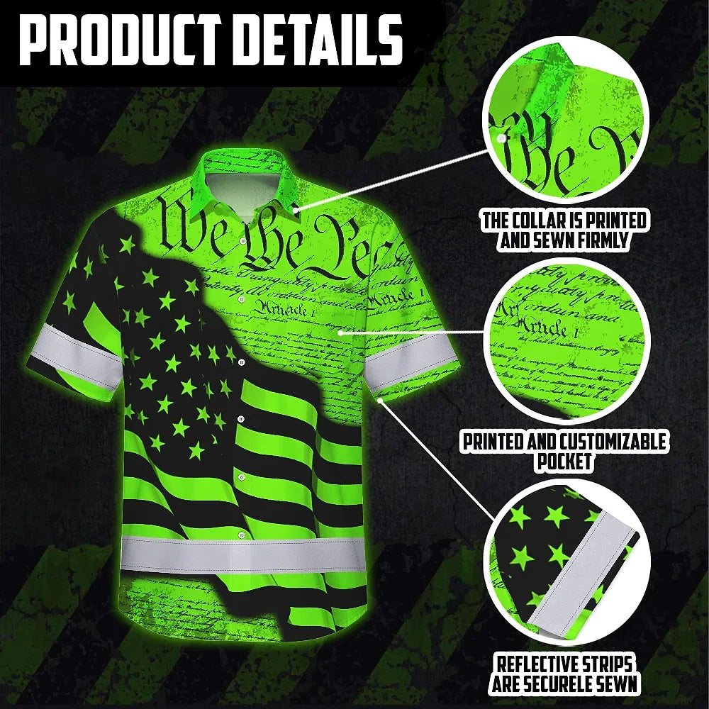 Hi Vis Hawaiian Shirt Reflective America Flag Orange Neon Patriotic Custom Name
