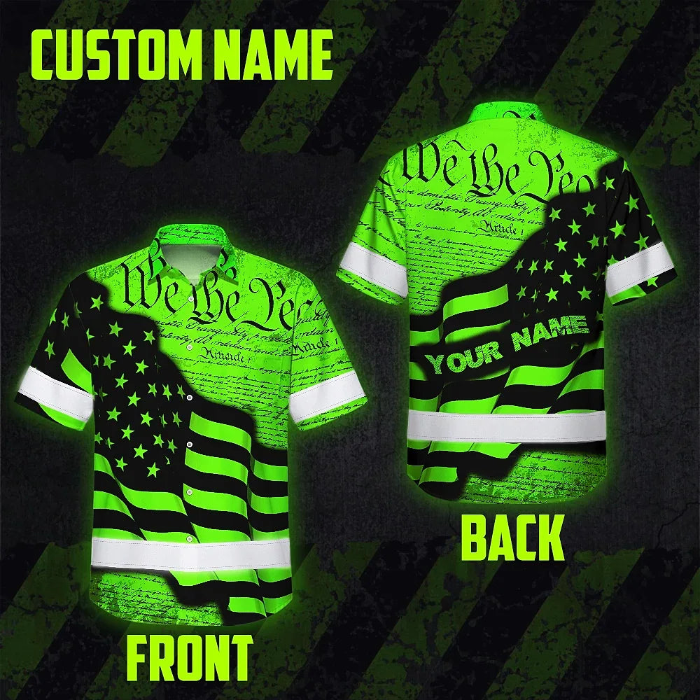 Hi Vis Hawaiian Shirt Reflective America Flag Orange Neon Patriotic Custom Name