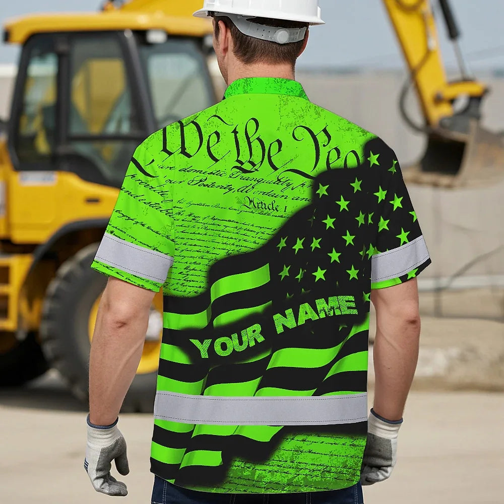 Hi Vis Hawaiian Shirt Reflective America Flag Orange Neon Patriotic Custom Name