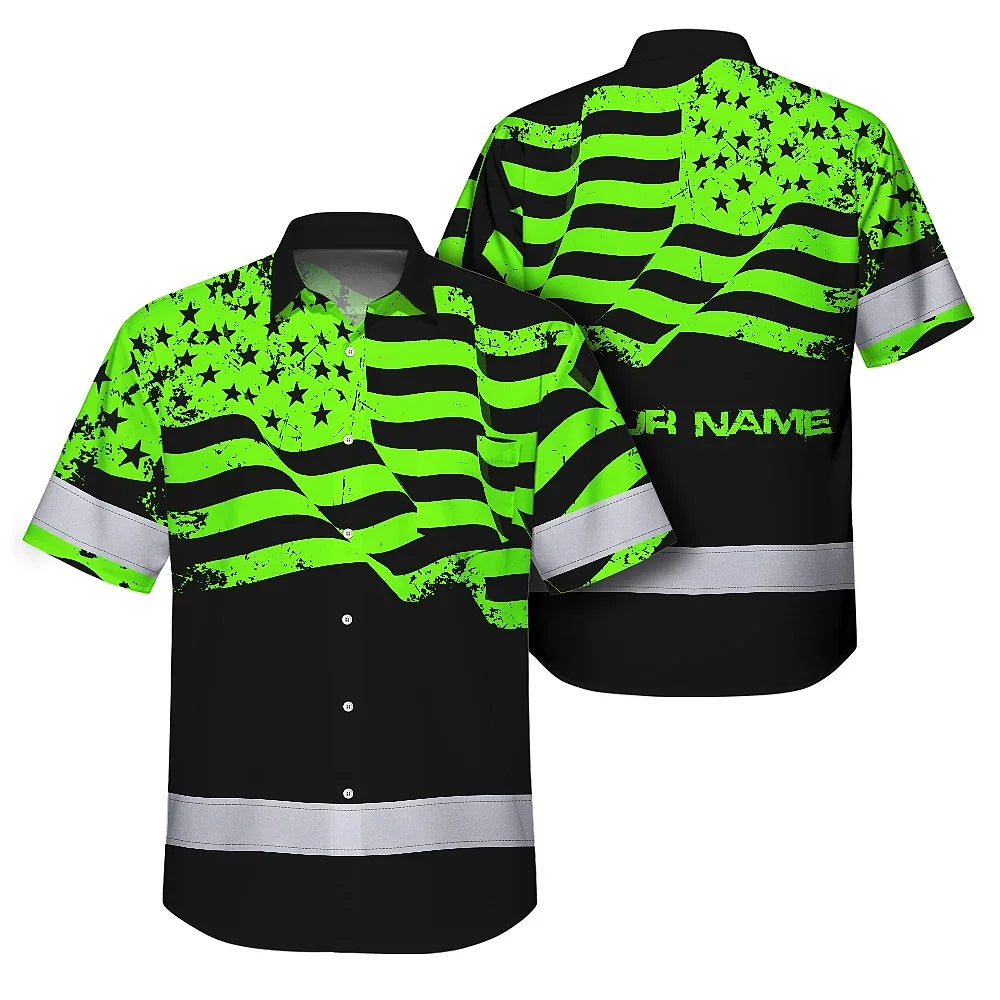 Hi Vis Hawaiian Shirt Reflective America Flag Patriotic Custom Name Safety Workwear