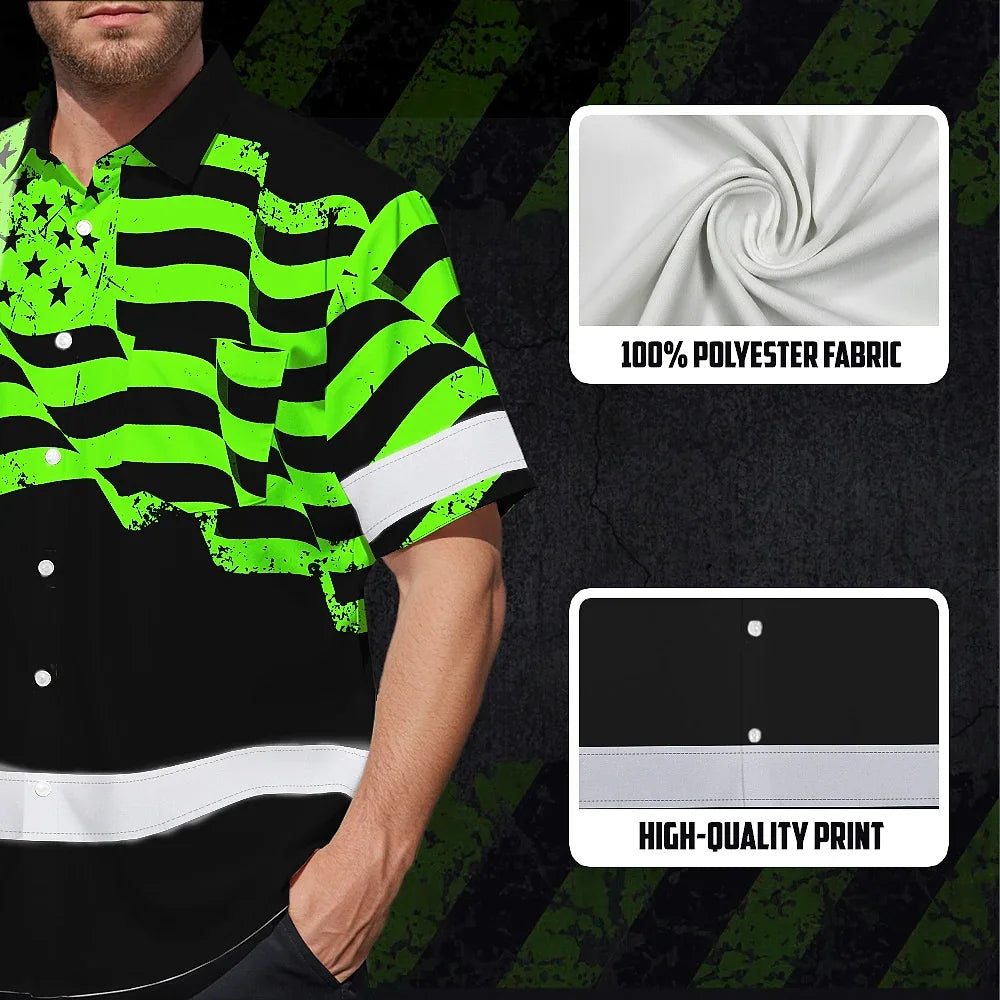 Hi Vis Hawaiian Shirt Reflective America Flag Patriotic Custom Name Safety Workwear