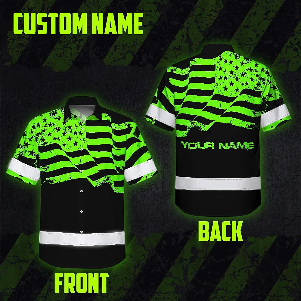 Hi Vis Hawaiian Shirt Reflective America Flag Patriotic Custom Name Safety Workwear