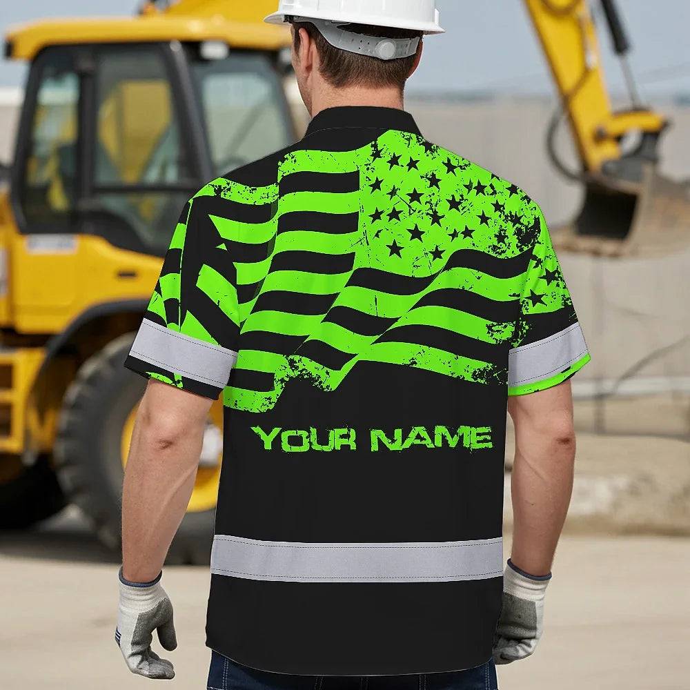 Hi Vis Hawaiian Shirt Reflective America Flag Patriotic Custom Name Safety Workwear
