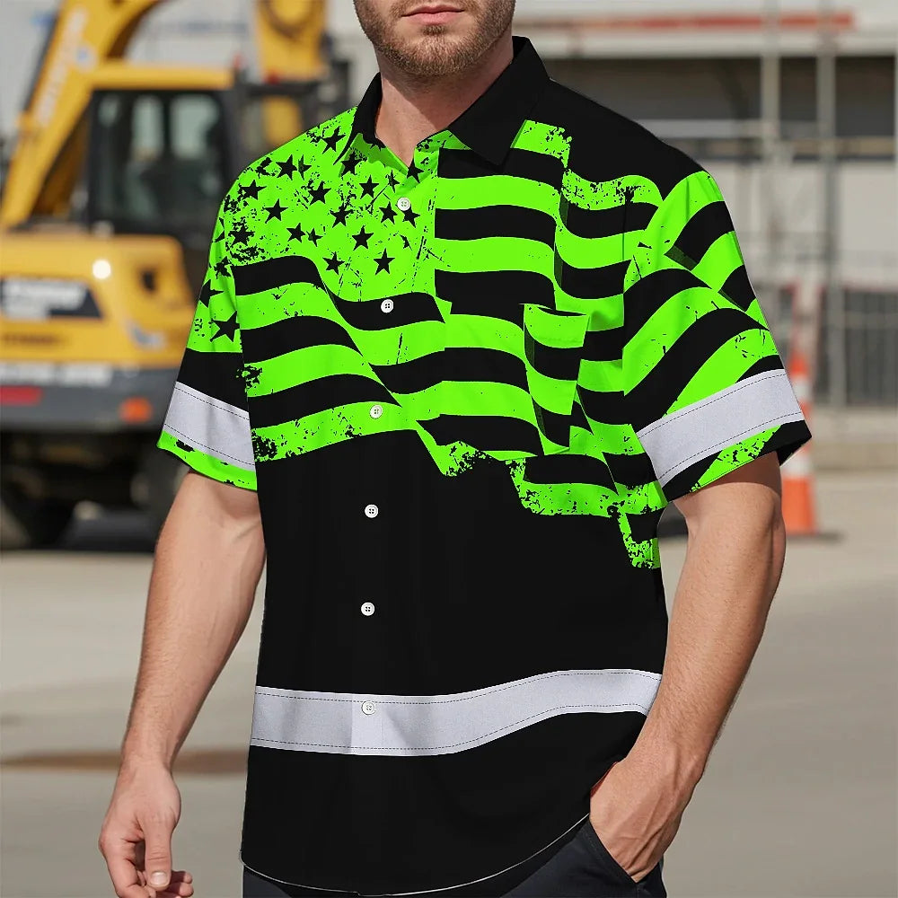 Hi Vis Hawaiian Shirt Reflective America Flag Patriotic Custom Name Safety Workwear