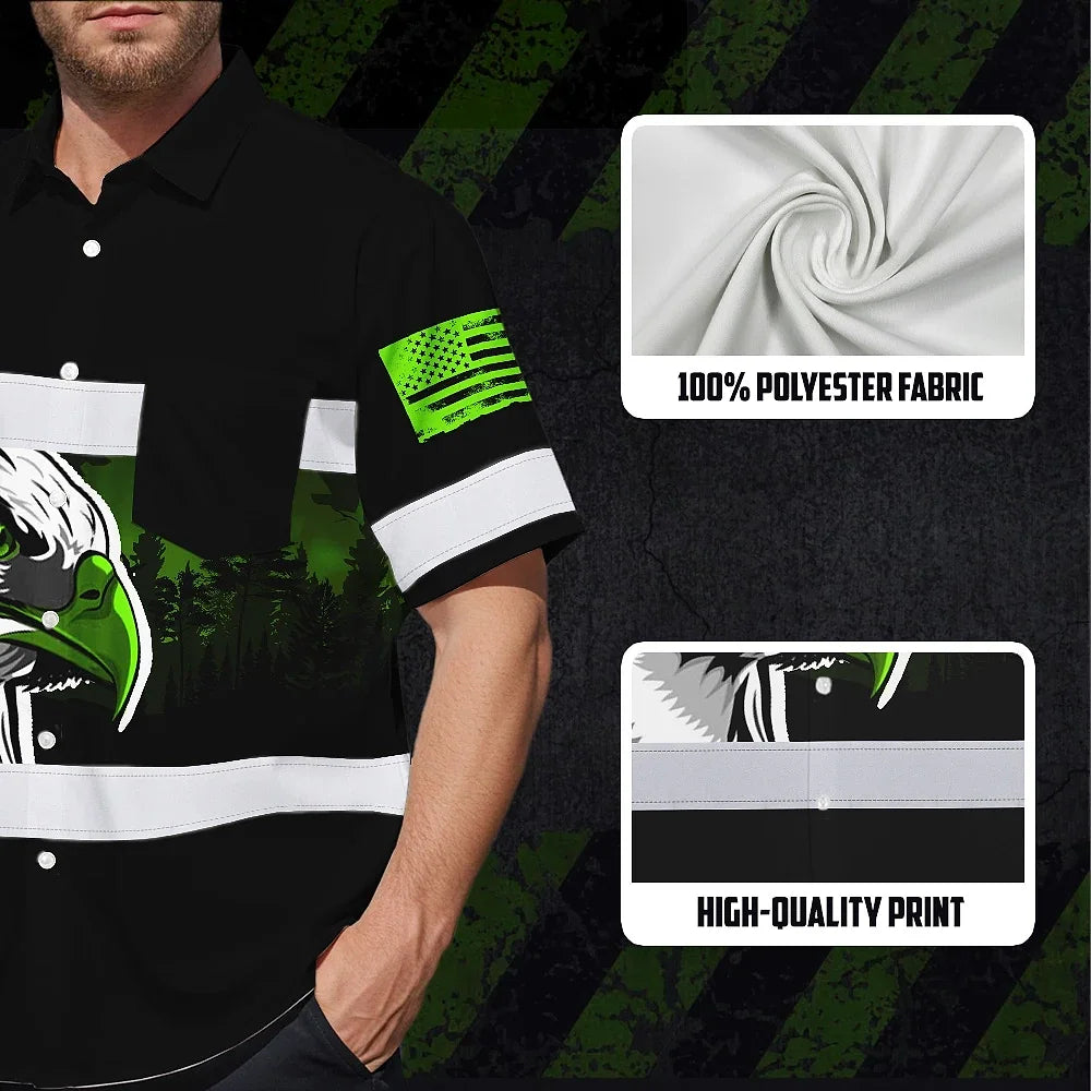 Hi Vis Hawaiian Shirt Reflective Black Eagle USA Flag Custom Name Safety Workwear
