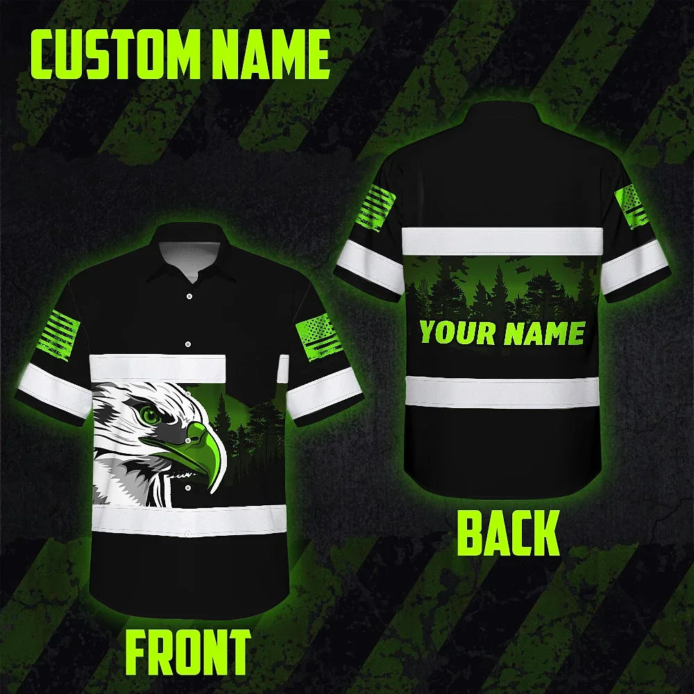 Hi Vis Hawaiian Shirt Reflective Black Eagle USA Flag Custom Name Safety Workwear