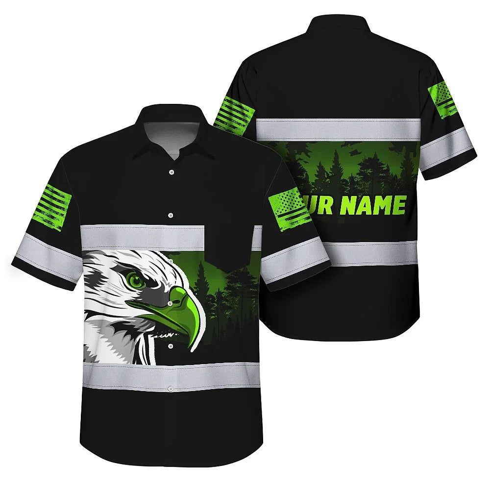 Hi Vis Hawaiian Shirt Reflective Black Eagle USA Flag Custom Name Safety Workwear