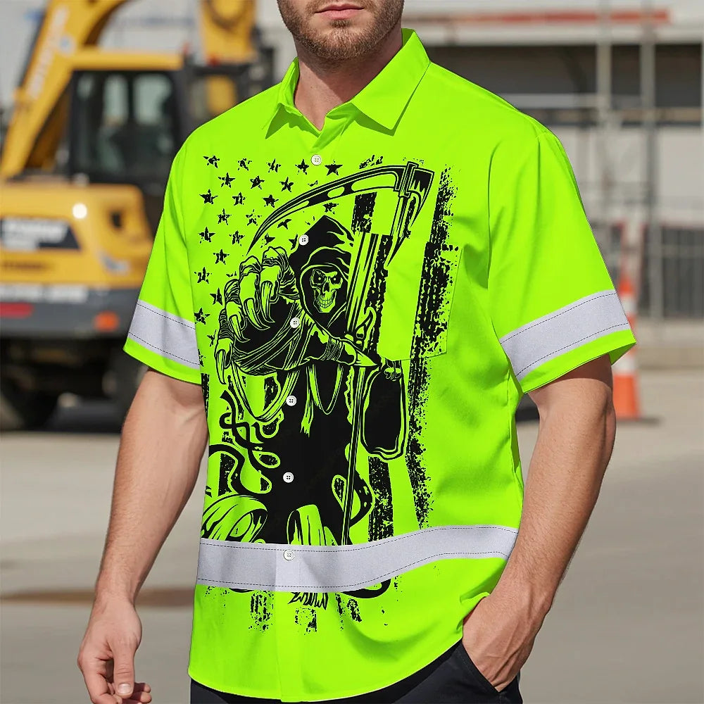 Hi Vis Hawaiian Shirt Reflective Black Reaper Custom Name Safety Workwear For Runners, Cyclists, Skull Lover