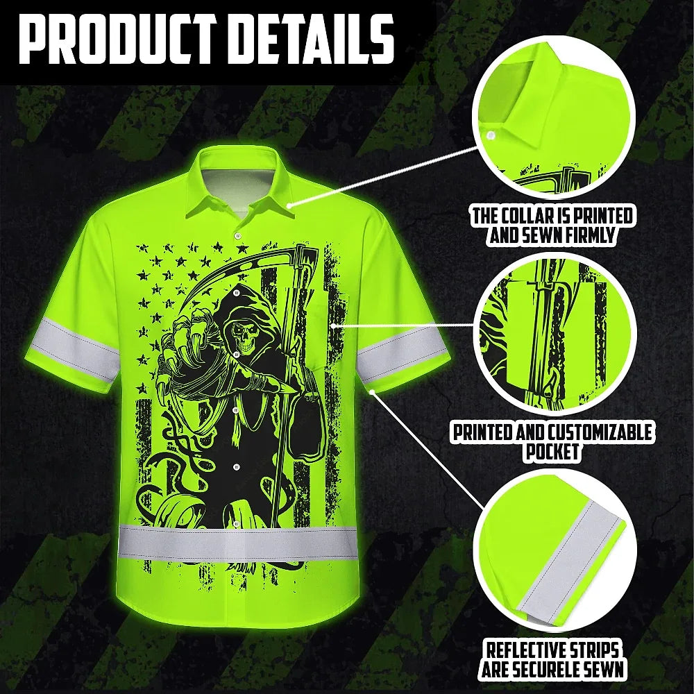 Hi Vis Hawaiian Shirt Reflective Black Reaper Custom Name Safety Workwear For Runners, Cyclists, Skull Lover