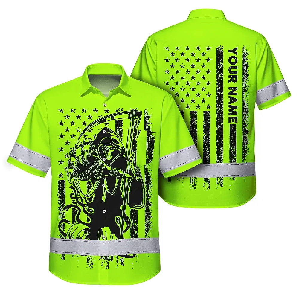 Hi Vis Hawaiian Shirt Reflective Black Reaper Custom Name Safety Workwear For Runners, Cyclists, Skull Lover