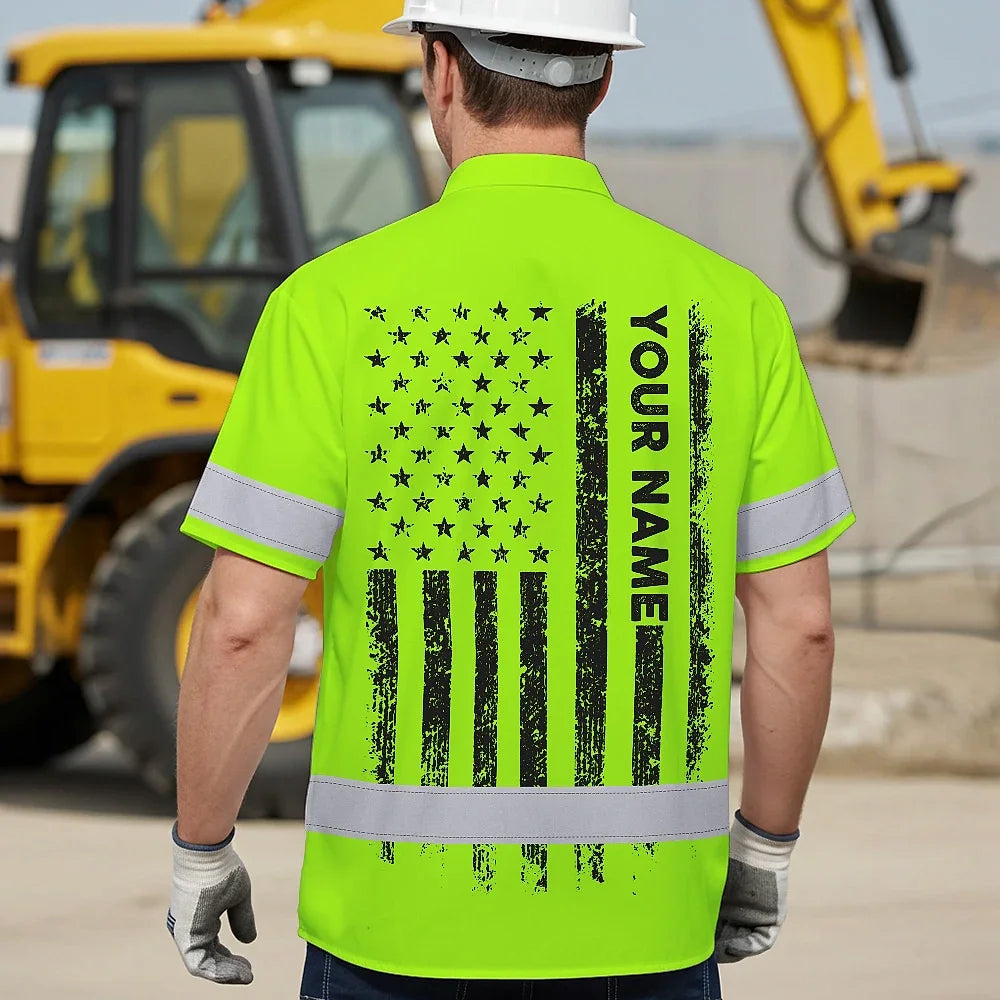 Hi Vis Hawaiian Shirt Reflective Black Reaper Custom Name Safety Workwear For Runners, Cyclists, Skull Lover