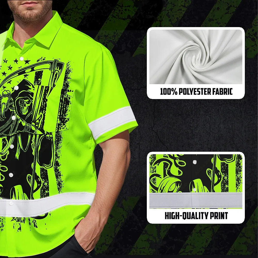 Hi Vis Hawaiian Shirt Reflective Black Reaper Custom Name Safety Workwear For Runners, Cyclists, Skull Lover