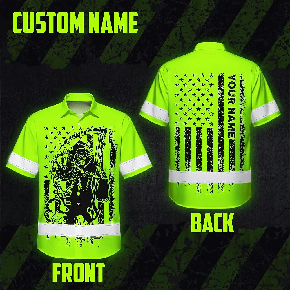 Hi Vis Hawaiian Shirt Reflective Black Reaper Custom Name Safety Workwear For Runners, Cyclists, Skull Lover