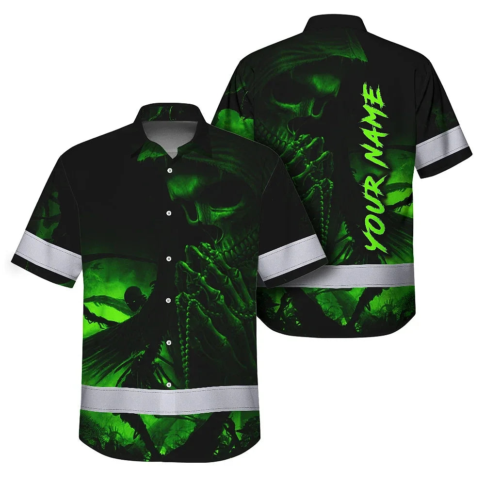 Hi Vis Hawaiian Shirt Reflective Black Skull Custom Name Safety Workwear For Skull Lover