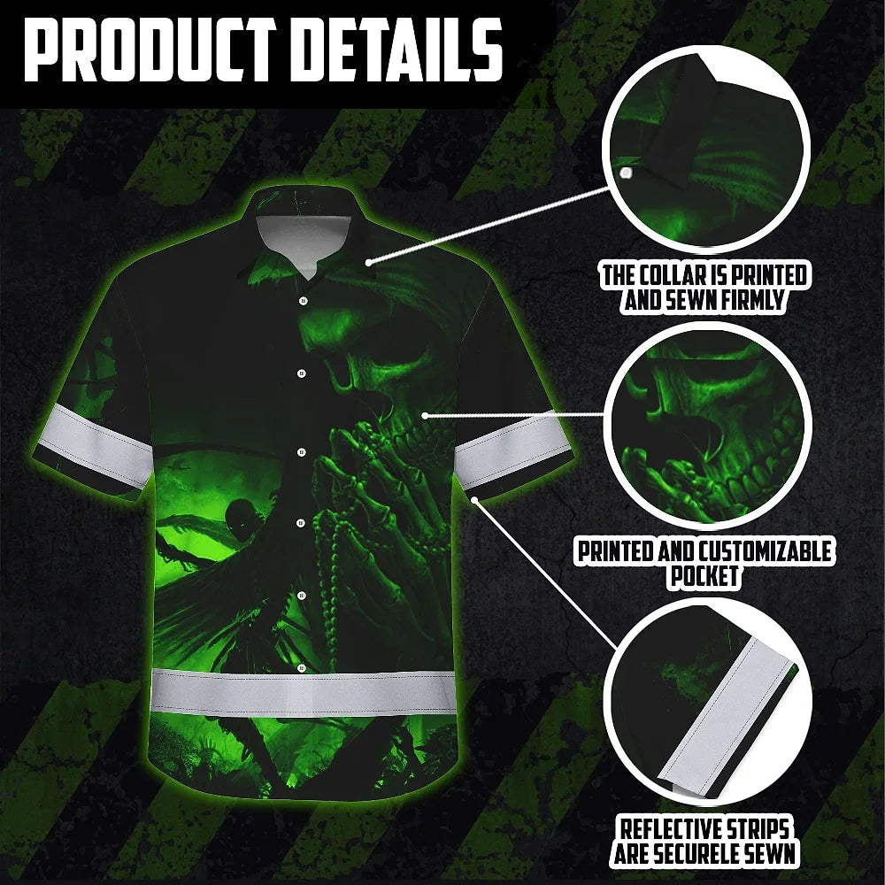 Hi Vis Hawaiian Shirt Reflective Black Skull Custom Name Safety Workwear For Skull Lover